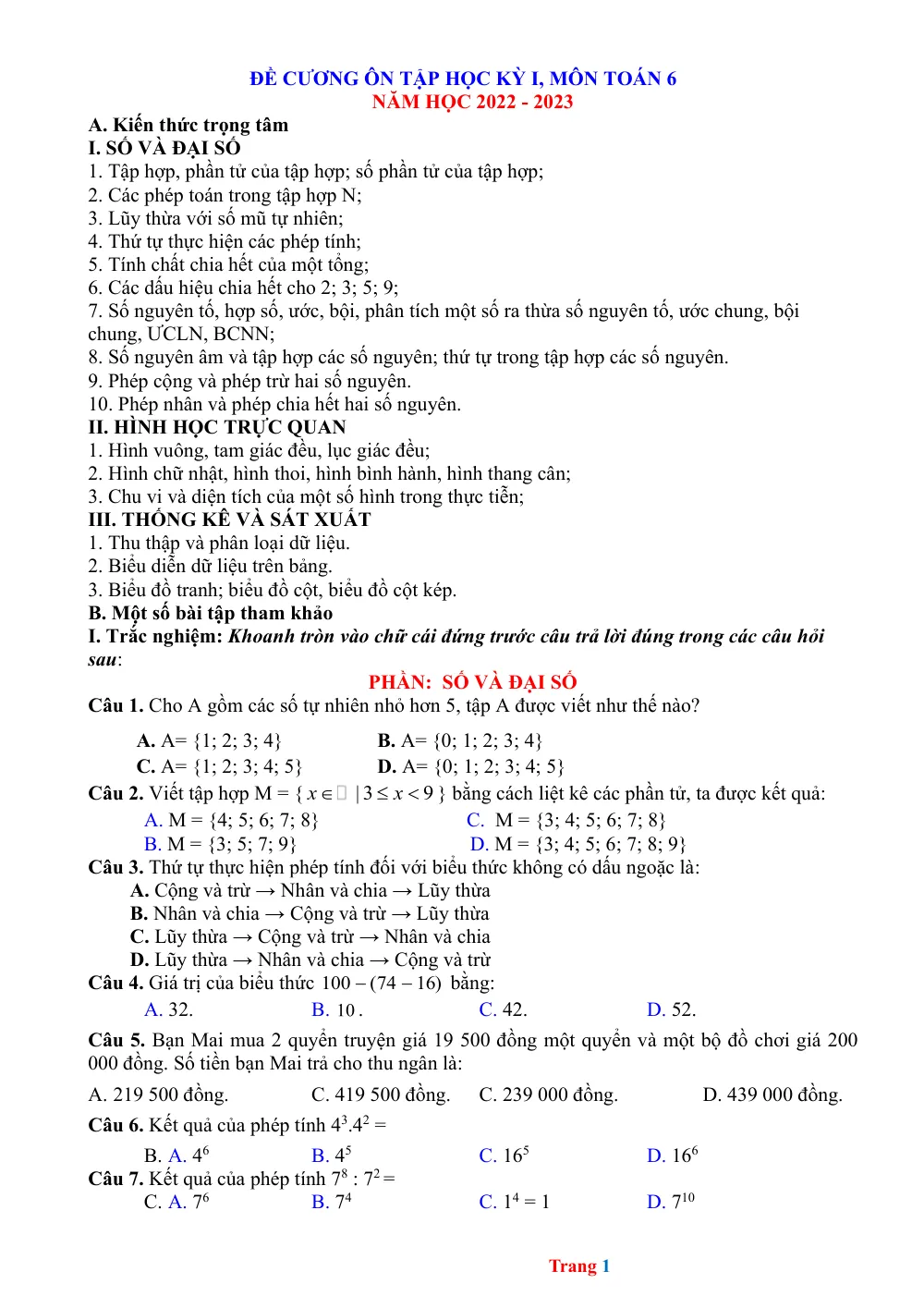 Xem trước trang 1 của "Đề Cương Ôn Tập Học Kỳ I - Toán 6 Năm học 2022-2023"