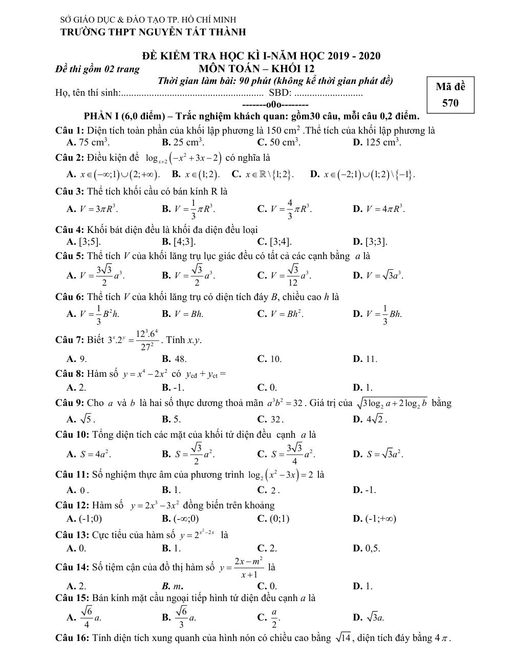 Xem trước trang 1 của "Đề Kiểm Tra Học Kỳ 1 Toán 12 - Năm học 2019-2020 - Trường THPT Nguyễn Tất Thành - TP. Hồ Chí Minh"