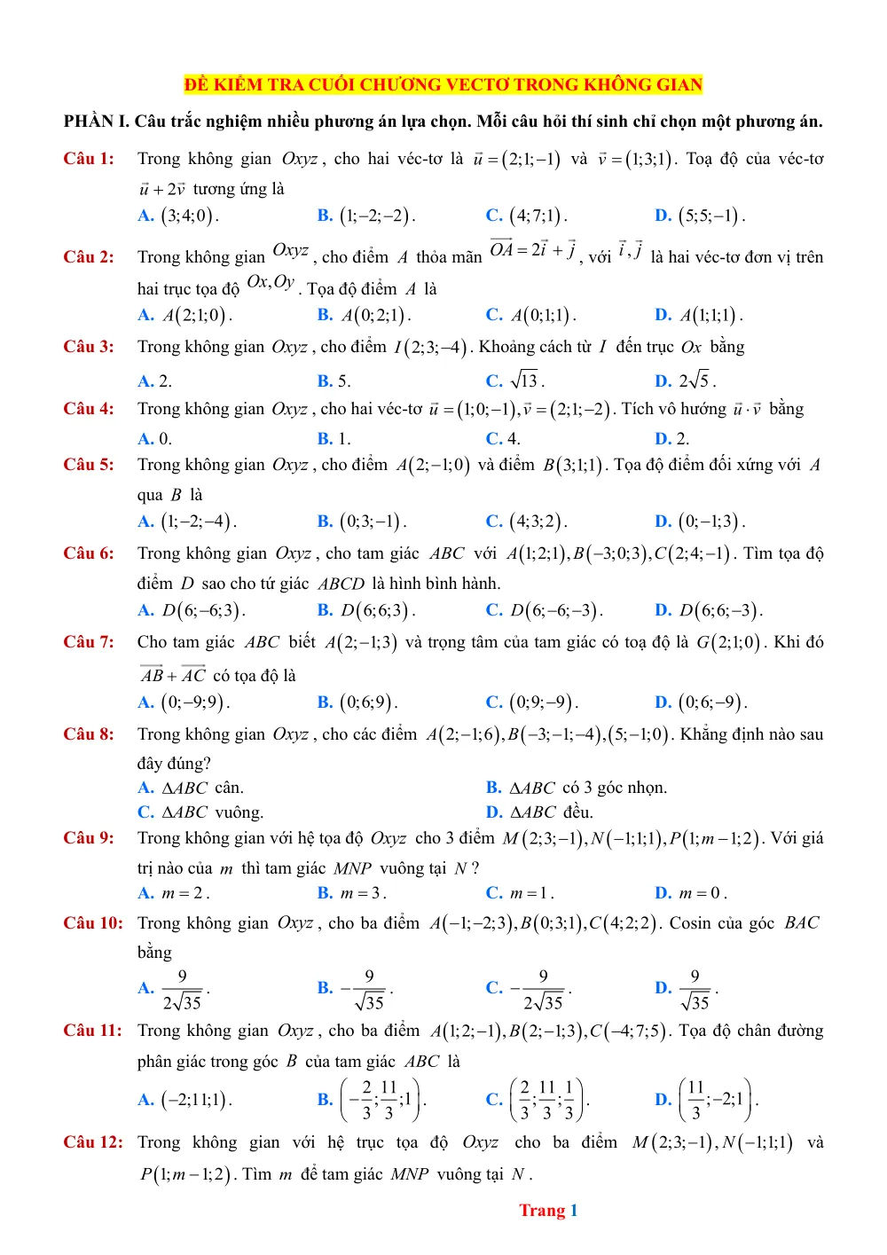 Xem trước trang 1 của "Đề Kiểm Tra Cuối Chương Vecto Trong Không Gian"