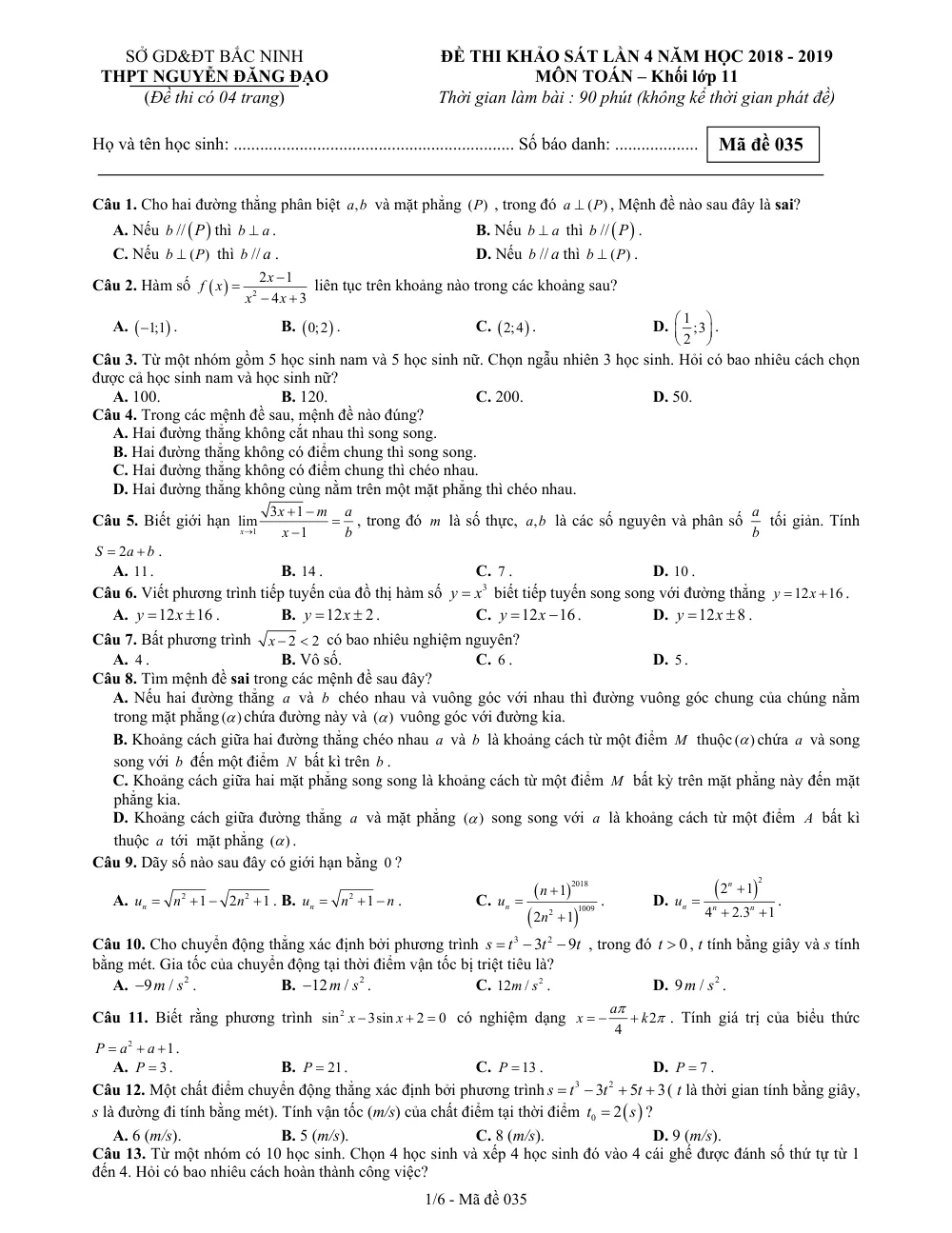 Xem trước trang 1 của "Đề Khảo Sát Toán 11 Lần 4 Năm học 2018-2019 - Trường THPT Nguyễn Đăng Đạo - Bắc Ninh"