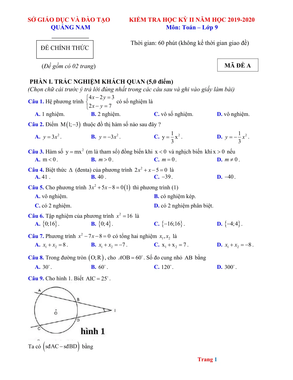Xem trước trang 1 của "Đề Thi HK2 Toán 9 - Quảng Nam (2019-2020) có đáp án"