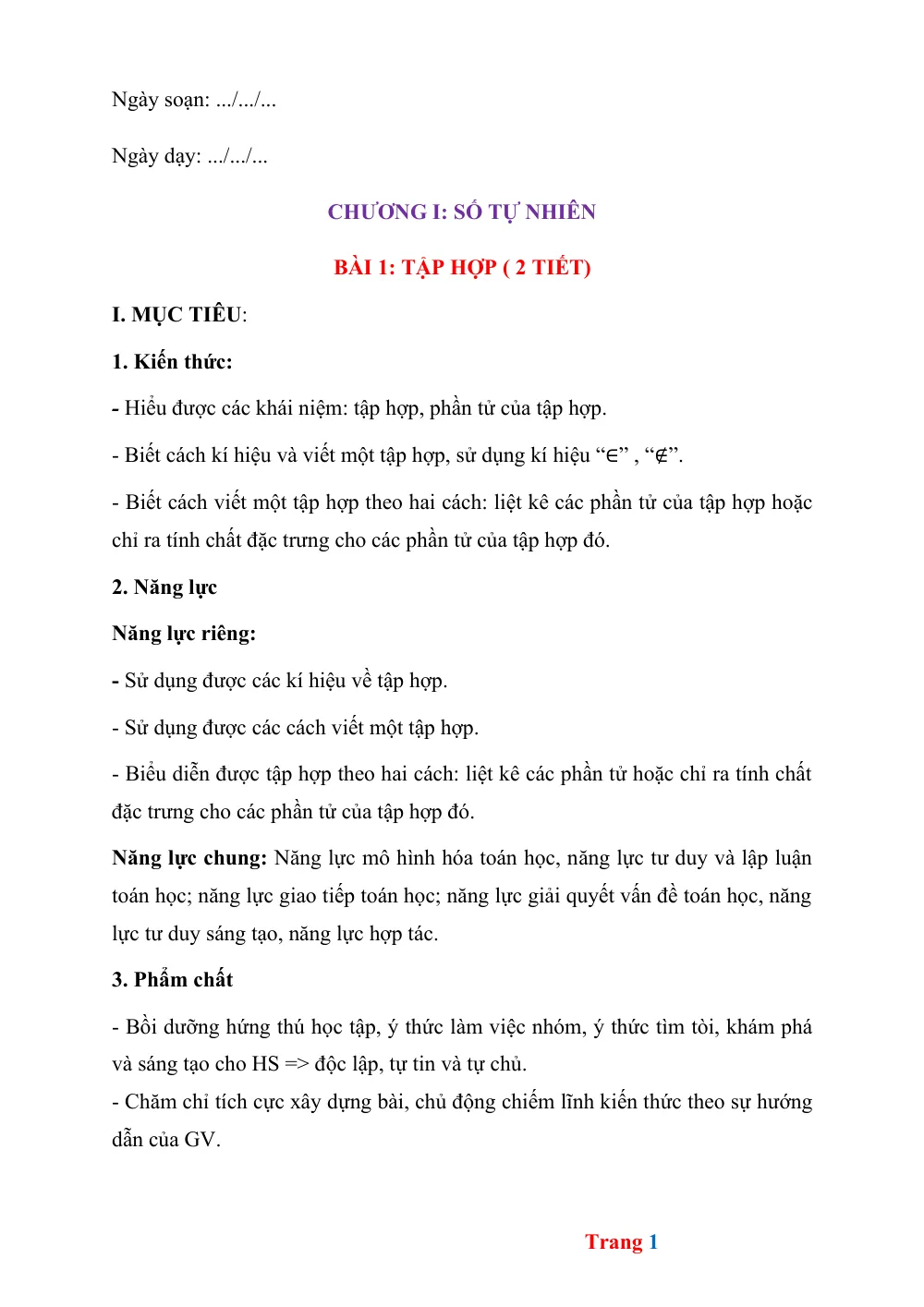 Xem trước trang 1 của "Số Tự Nhiên - Tập Hợp - Học Kỳ 1"