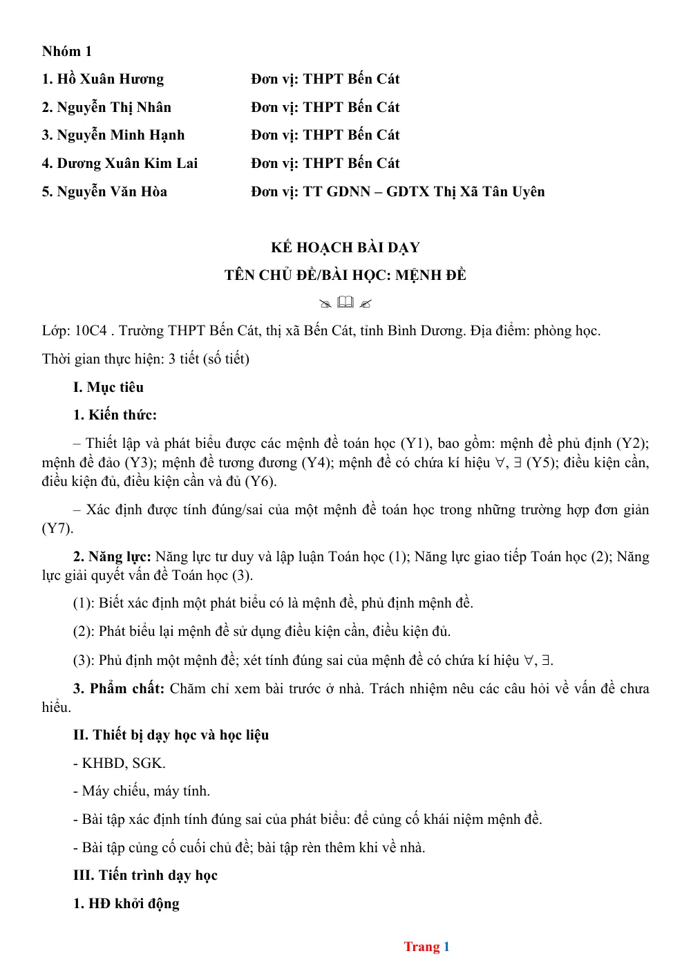 Xem trước trang 1 của "Toán 10 - Học kỳ 1 - THPT Bến Cát - Bình Dương"