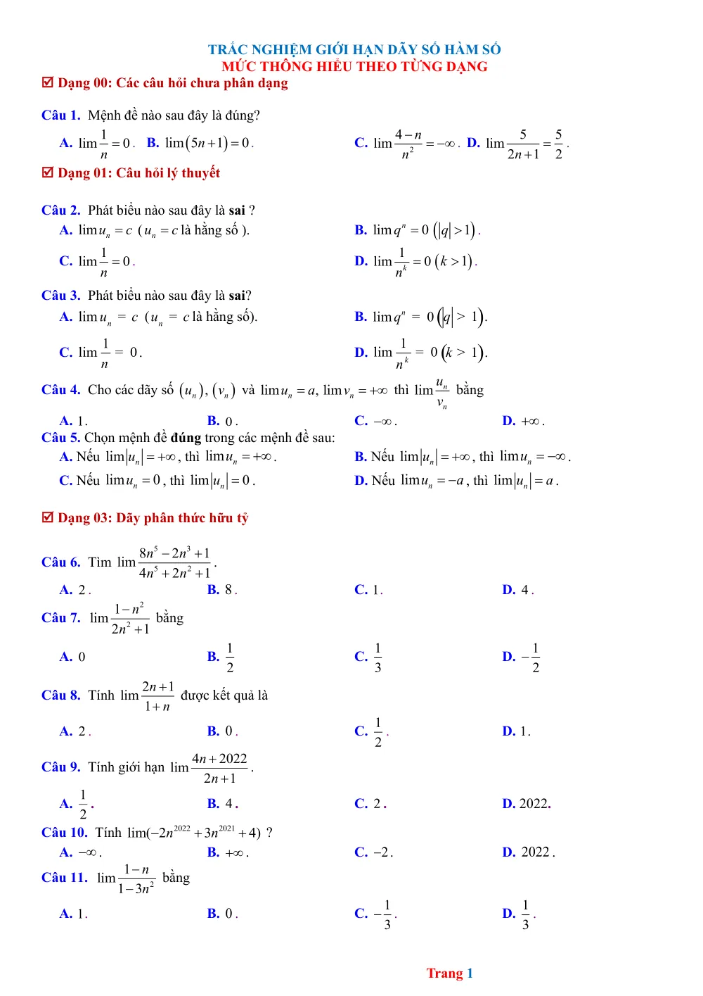 Xem trước trang 1 của "Trắc nghiệm Giới hạn Dãy số Hàm số Mức thông hiểu theo từng dạng"
