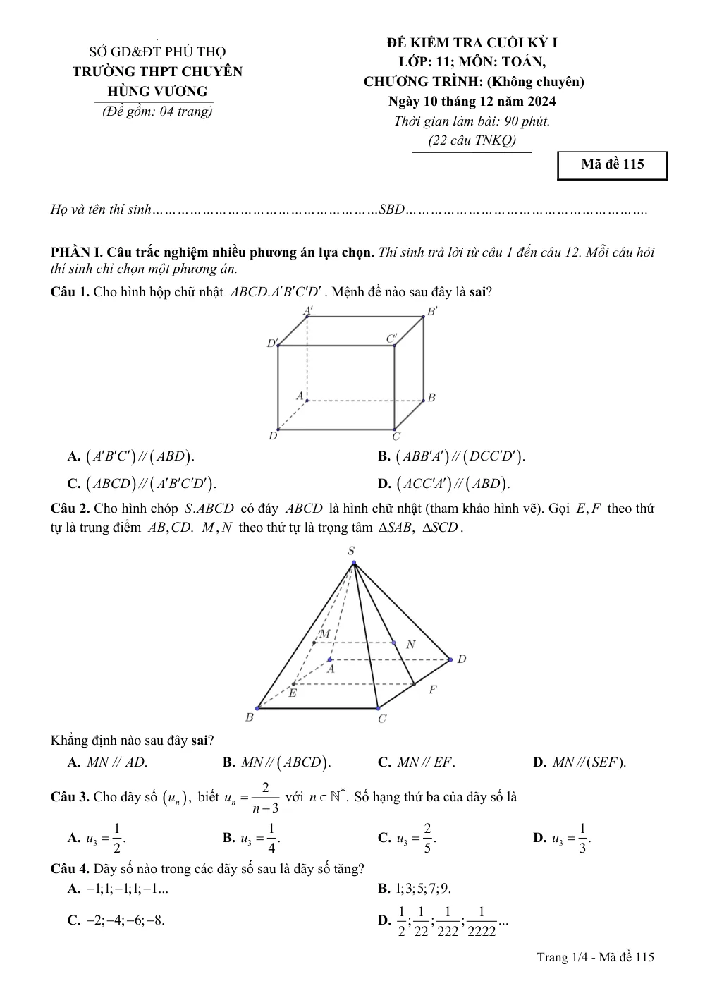 Xem trước trang 1 của "Đề Kiểm Tra Cuối Kỳ I Toán 11 - Trường THPT Chuyên Hùng Vương - Phú Thọ (2024-2025)"