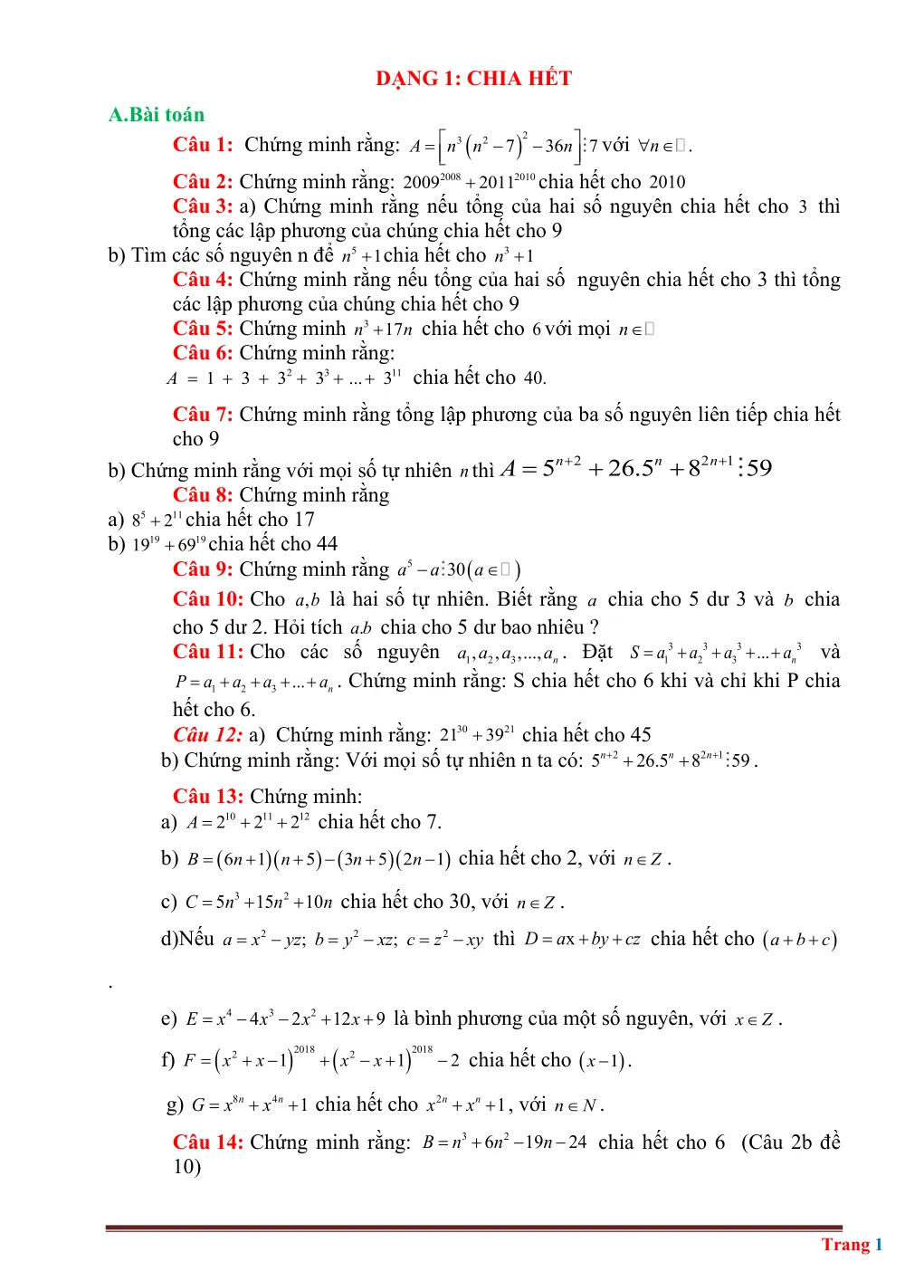 Xem trước trang 1 của "DẠNG 1: CHIA HẾT - Toán 8 - Học sinh giỏi"