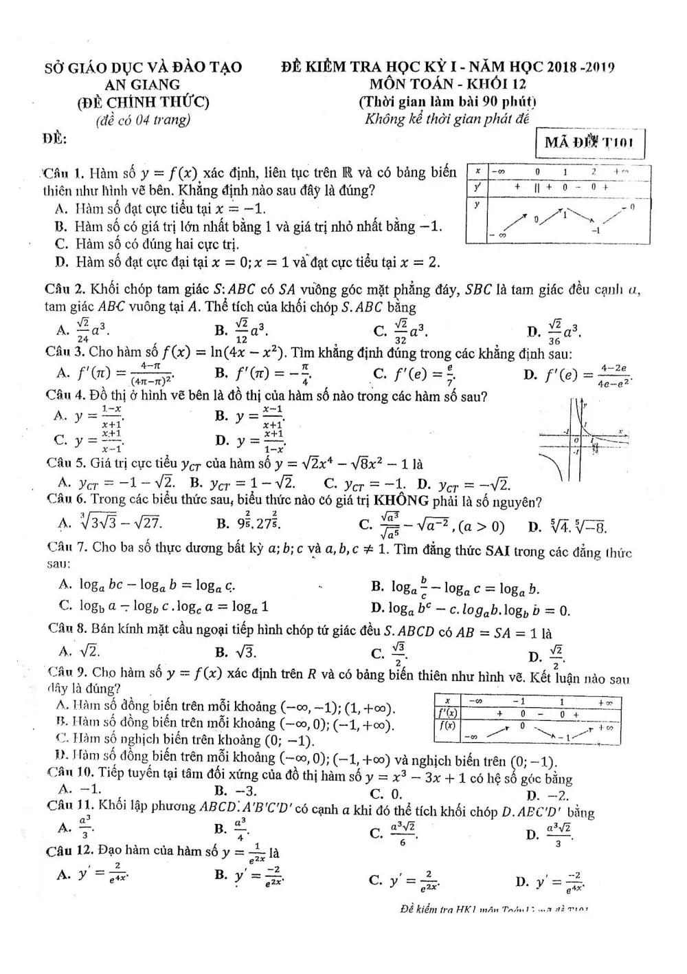 Xem trước trang 1 của "Đề Thi Học Kỳ 1 Toán 12 - Năm học 2018-2019 - Sở GD&ĐT An Giang"