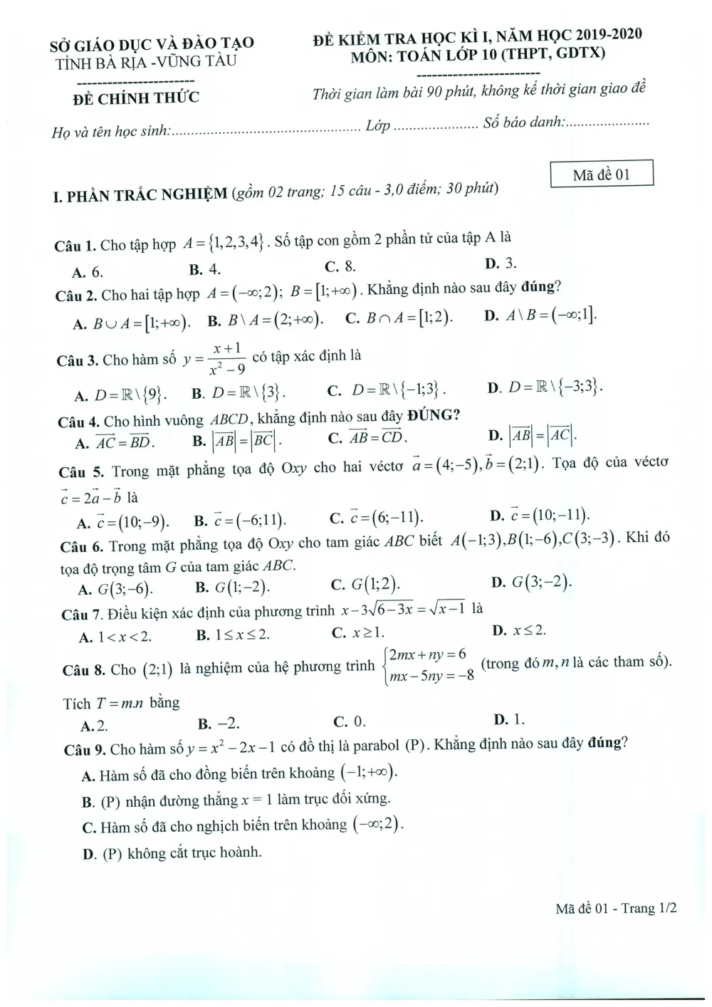 Xem trước trang 1 của "Đề Thi HK1 Toán 10 - Năm học 2019-2020 - Sở GDĐT Bà Rịa - Vũng Tàu"