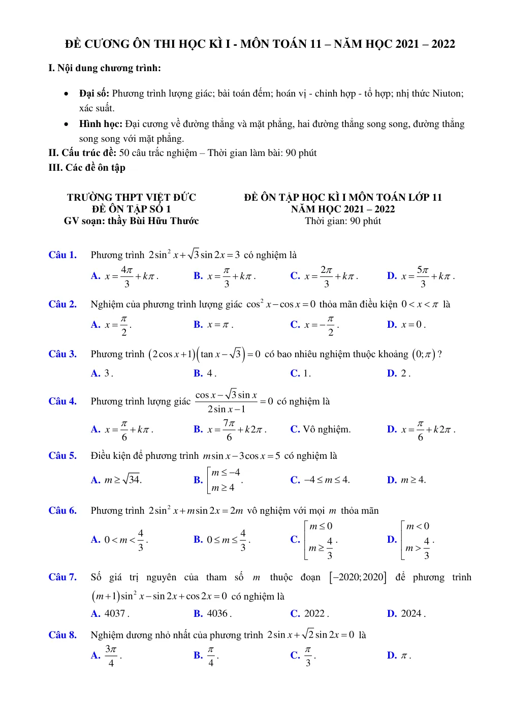 Xem trước trang 1 của "Đề cương ôn thi học kì 1 - Toán 11 - Năm học 2021-2022 - Trường THPT Việt Đức - Hà Nội"