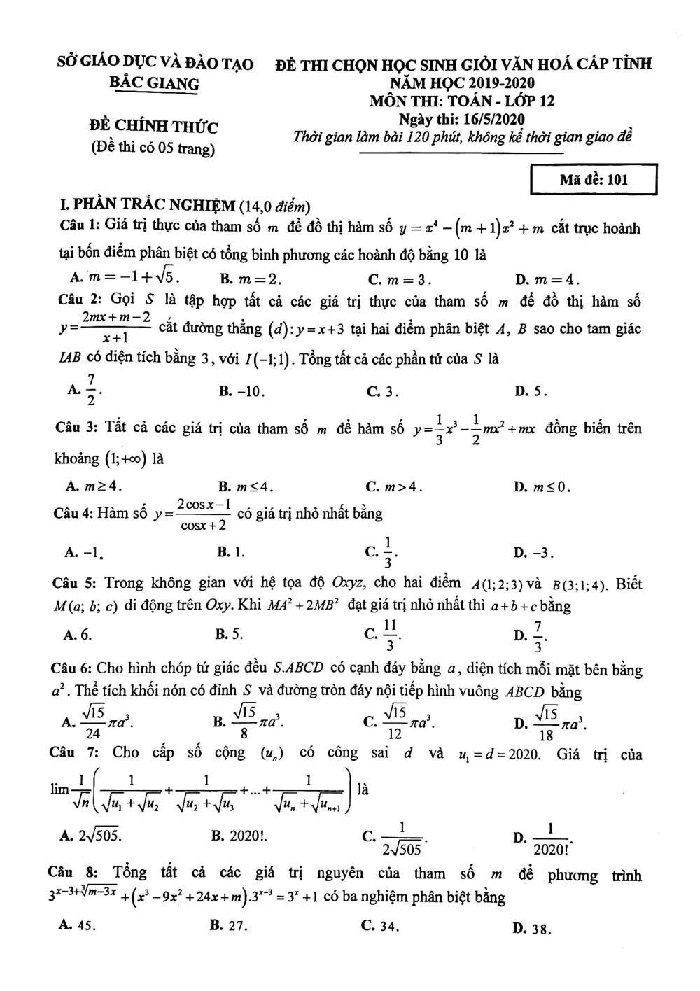 Xem trước trang 1 của "Đề thi chọn HSG Toán 12 cấp tỉnh năm học 2019-2020 - Sở GDĐT Bắc Giang"