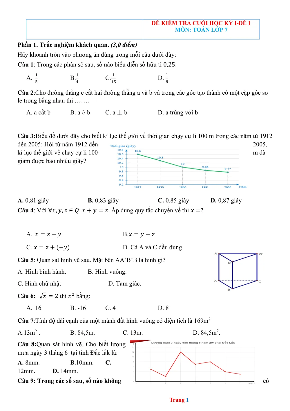 Xem trước trang 1 của "Đề kiểm tra cuối học kỳ 1 - Toán 7 - Năm học 2022-2023 (có đáp án)"
