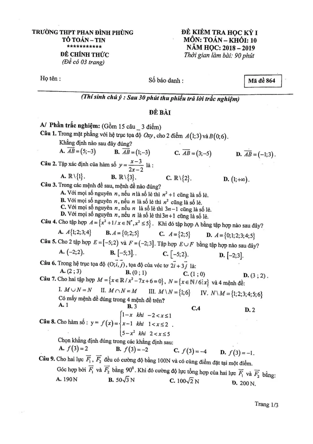 Xem trước trang 1 của "Đề Kiểm Tra Học Kỳ 1 Toán 10 - Trường THPT Phan Đình Phùng - Hà Nội (2018-2019)"