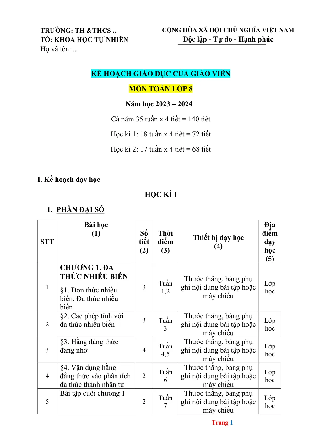 Xem trước trang 1 của "Kế hoạch giáo dục môn Toán lớp 8 năm học 2023-2024 - Trường TH & THCS"