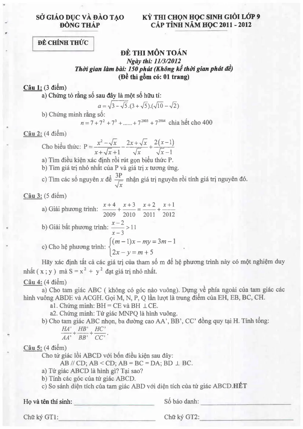 Xem trước trang 1 của "Đề thi chọn Học sinh giỏi Toán 9 cấp Tỉnh - Đồng Tháp (2011-2012)"