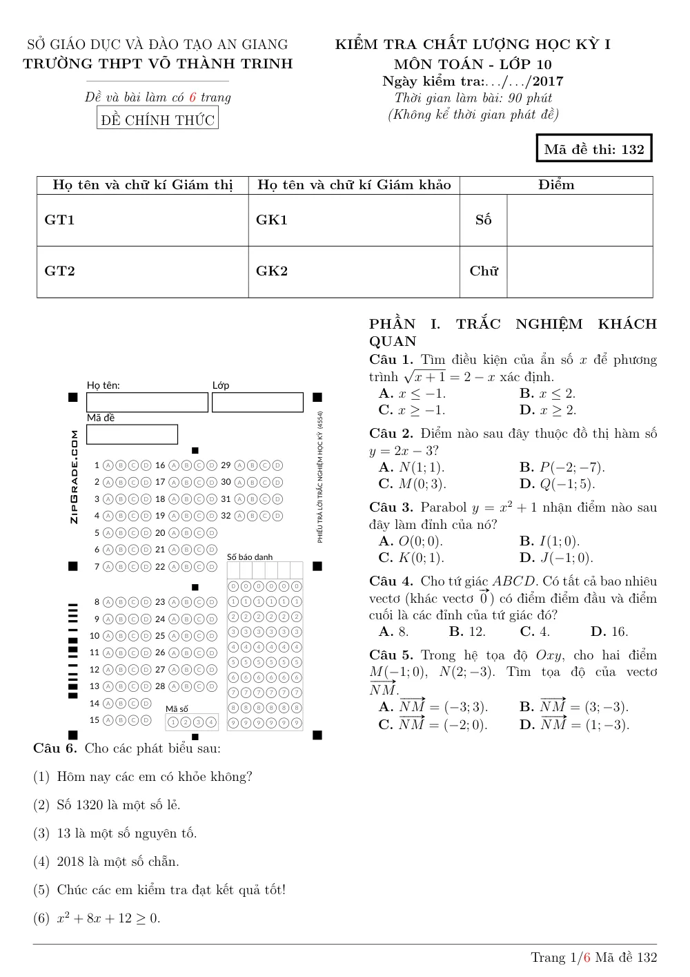 Xem trước trang 1 của "Đề thi HK1 Toán 10 - Năm học 2017-2018 - Trường THPT Võ Thành Trinh - An Giang"