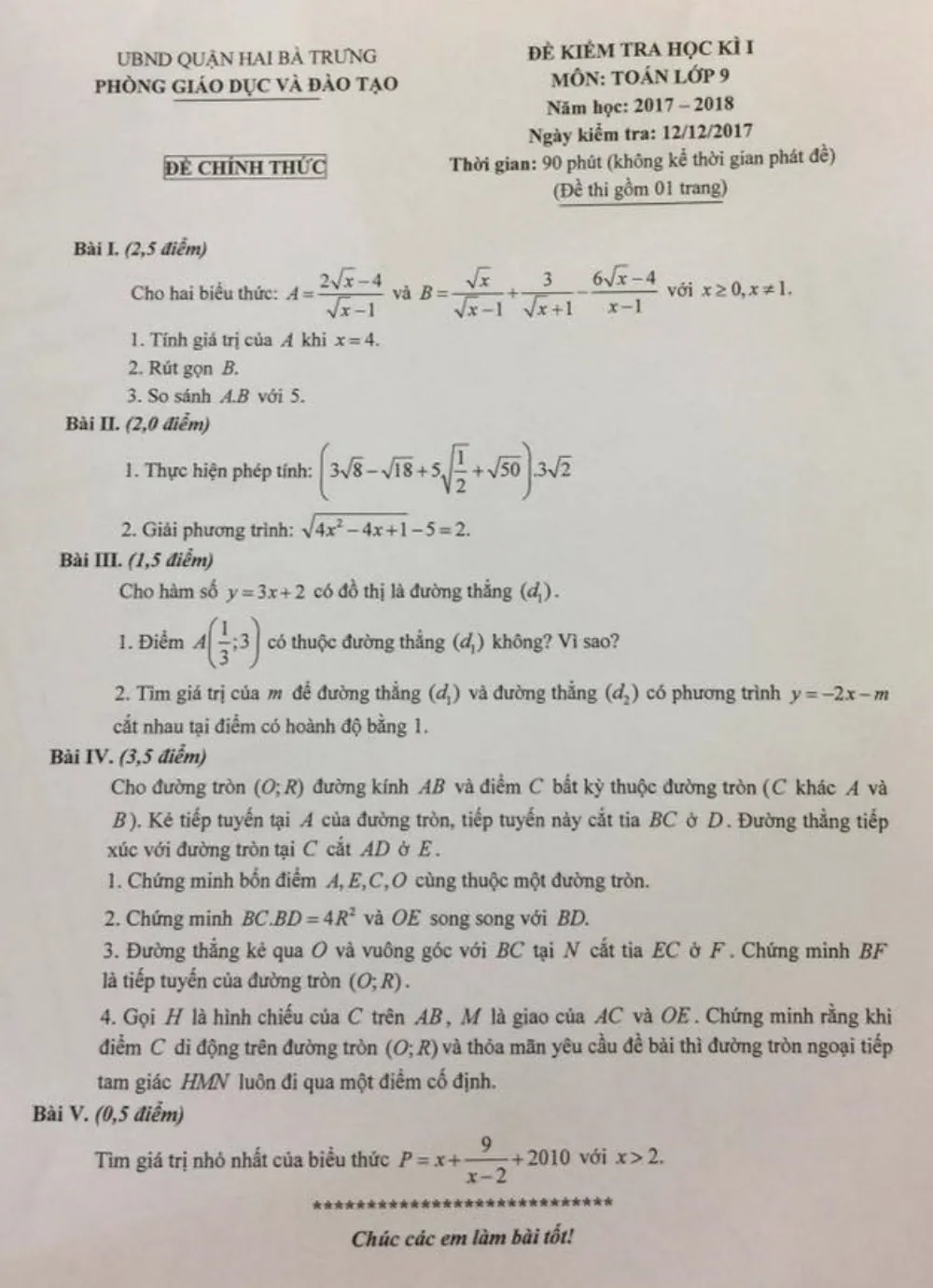 Xem trước trang 1 của "Đề kiểm tra HK1 Toán 9 - Năm học 2017-2018 - Phòng GD&ĐT Hai Bà Trưng - Hà Nội"