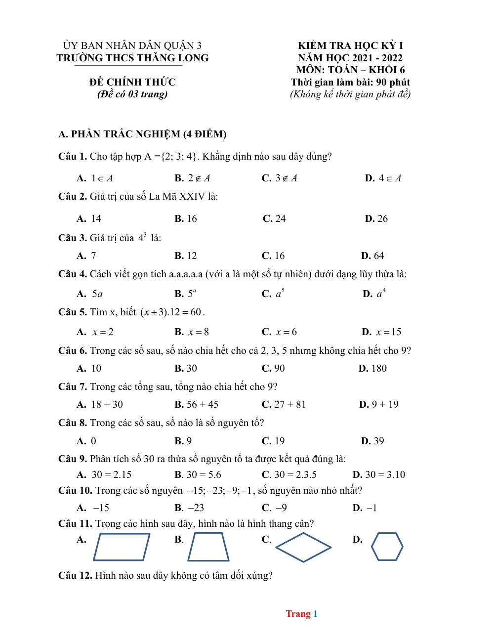 Xem trước trang 1 của "Đề Kiểm Tra Học Kỳ I Toán 6 - Trường THCS Thăng Long - Quận 3 - TP. Hồ Chí Minh (2021-2022)"