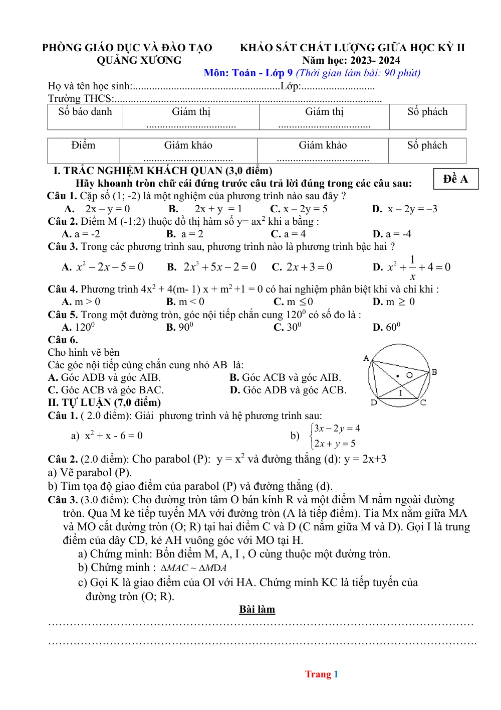 Xem trước trang 1 của "Đề thi giữa Kỳ 2 Toán 9 - Quảng Xương (2023-2024)"