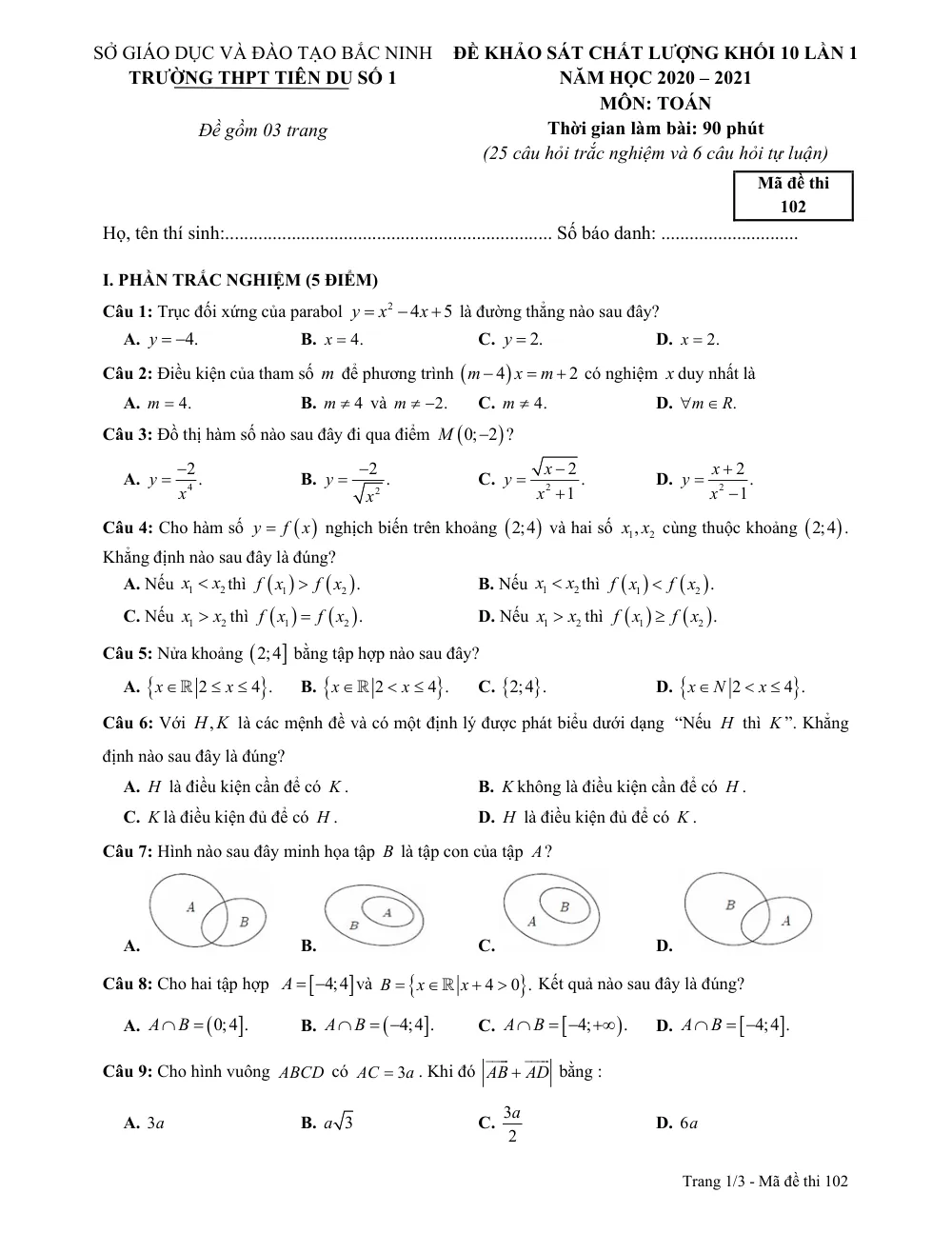 Xem trước trang 1 của "Đề Khảo Sát Chất Lượng Khối 10 Lần 1 - Trường THPT Tiên Du Số 1 - Năm học 2020-2021 - Môn Toán - Bắc Ninh"