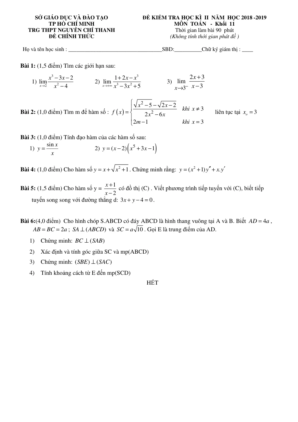 Xem trước trang 1 của "Đề Kiểm Tra Học Kỳ II Môn Toán Lớp 11 Năm Học 2018-2019 - Trường THPT Nguyễn Chí Thanh - TP. Hồ Chí Minh"