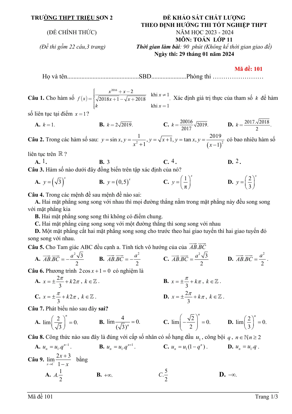 Xem trước trang 1 của "Đề Khảo Sát Chất Lượng Toán 11 - Trường THPT Triệu Sơn 2 - Năm học 2023-2024"
