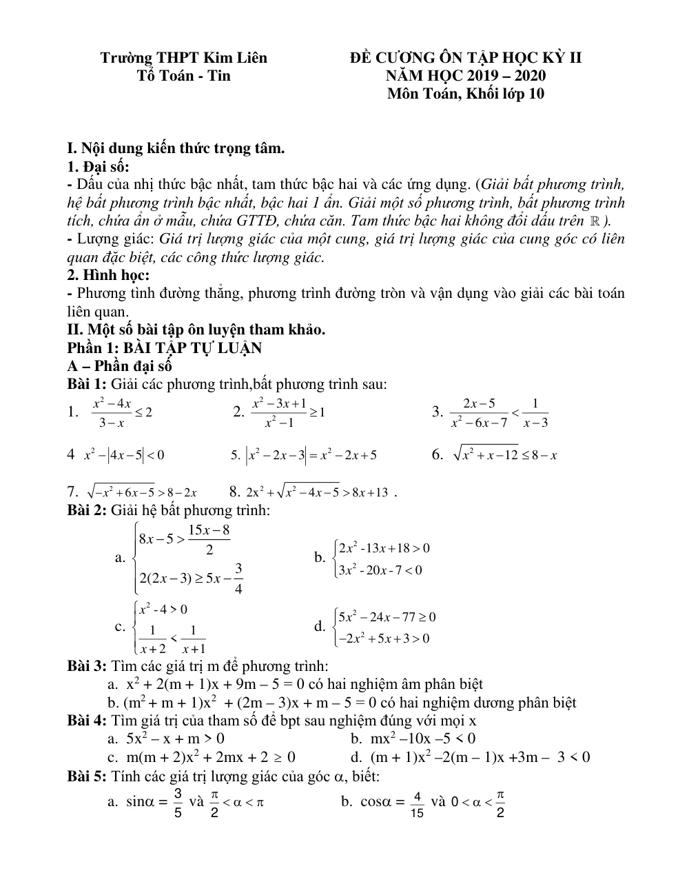 Xem trước trang 1 của "Đề Cương Ôn Tập Học Kỳ II - Toán 10 - Năm học 2019-2020 - Trường THPT Kim Liên - Hà Nội"
