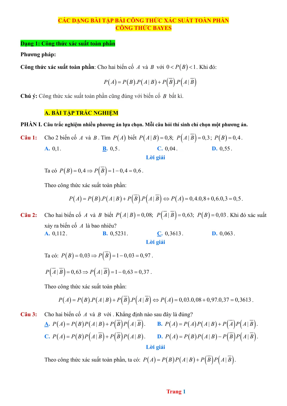 Xem trước trang 1 của "Các dạng bài tập: Công thức xác suất toàn phần, Công thức Bayes"