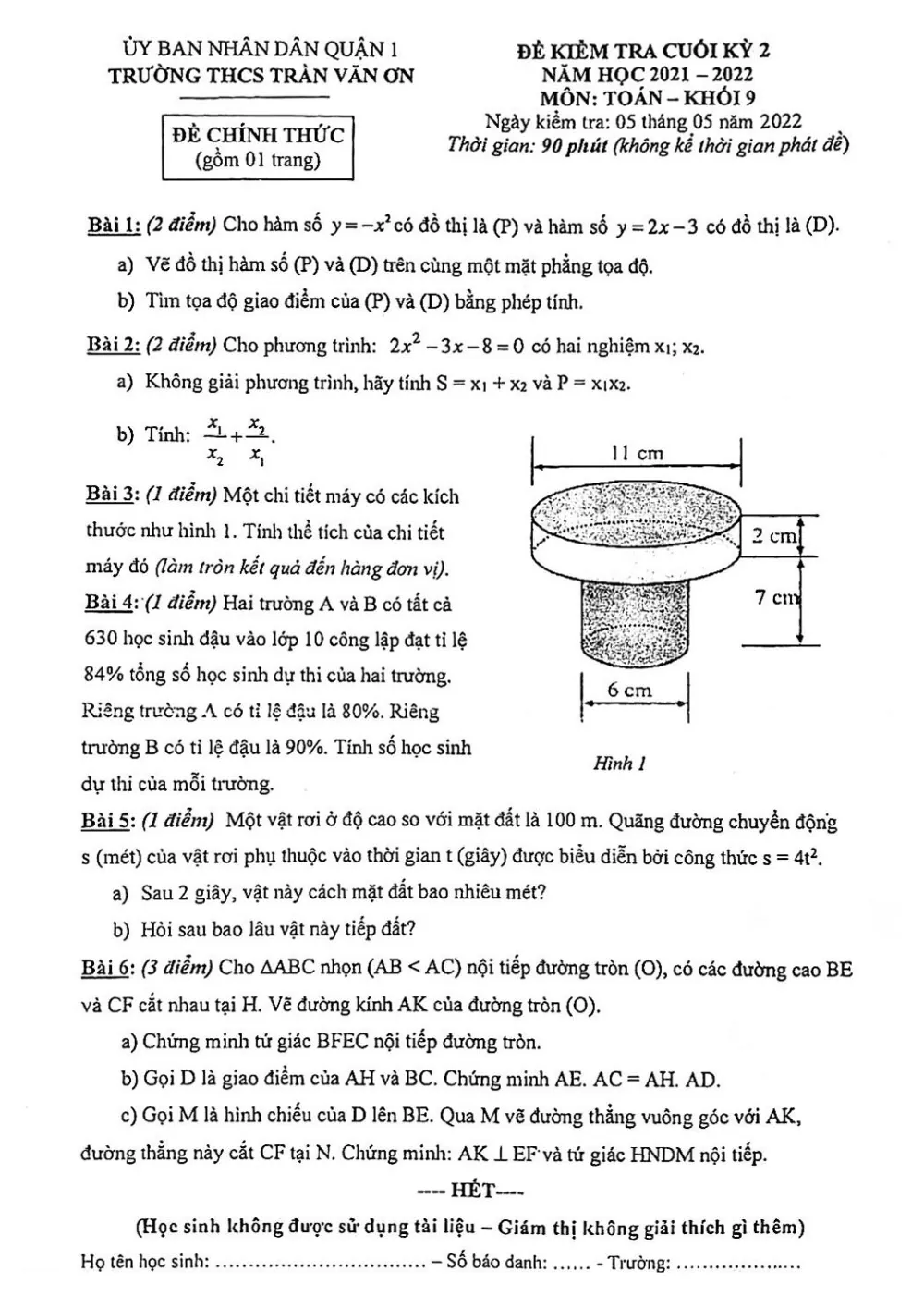 Xem trước trang 1 của "Đề Kiểm Tra Cuối Kỳ 2 Toán 9 HK2 Năm 2021-2022 - Trường THCS Trần Văn Ơn - TP. Hồ Chí Minh"