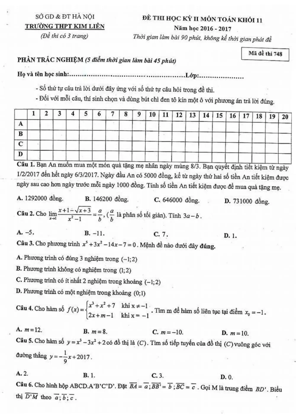 Xem trước trang 1 của "Đề Thi HK2 Toán 11 - Năm học 2016-2017 - Trường THPT Kim Liên - Hà Nội"
