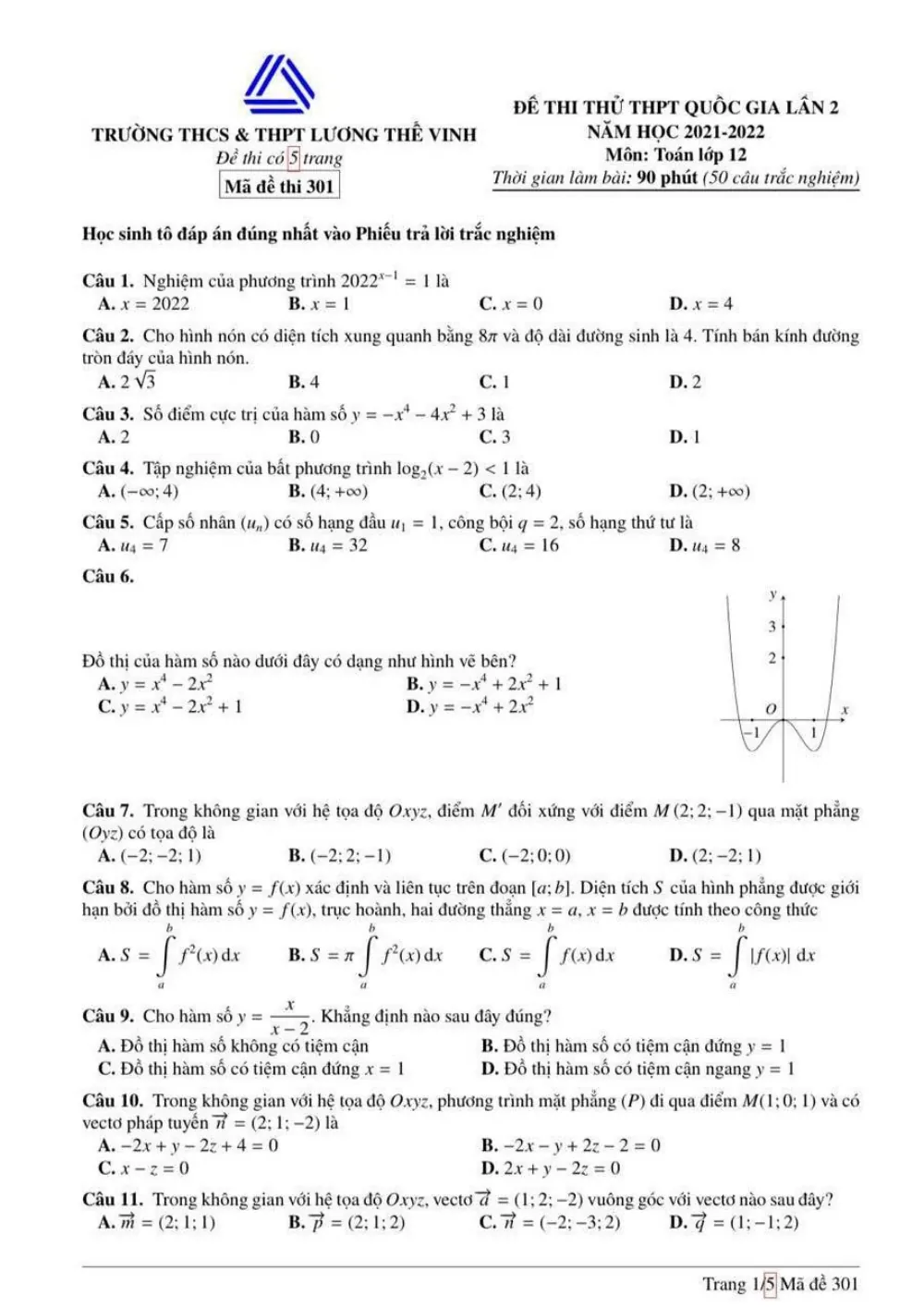 Xem trước trang 1 của "Đề Thi Thử THPT Quốc Gia 2022 - Môn Toán Lần 2 - Trường Lương Thế Vinh - Hà Nội"