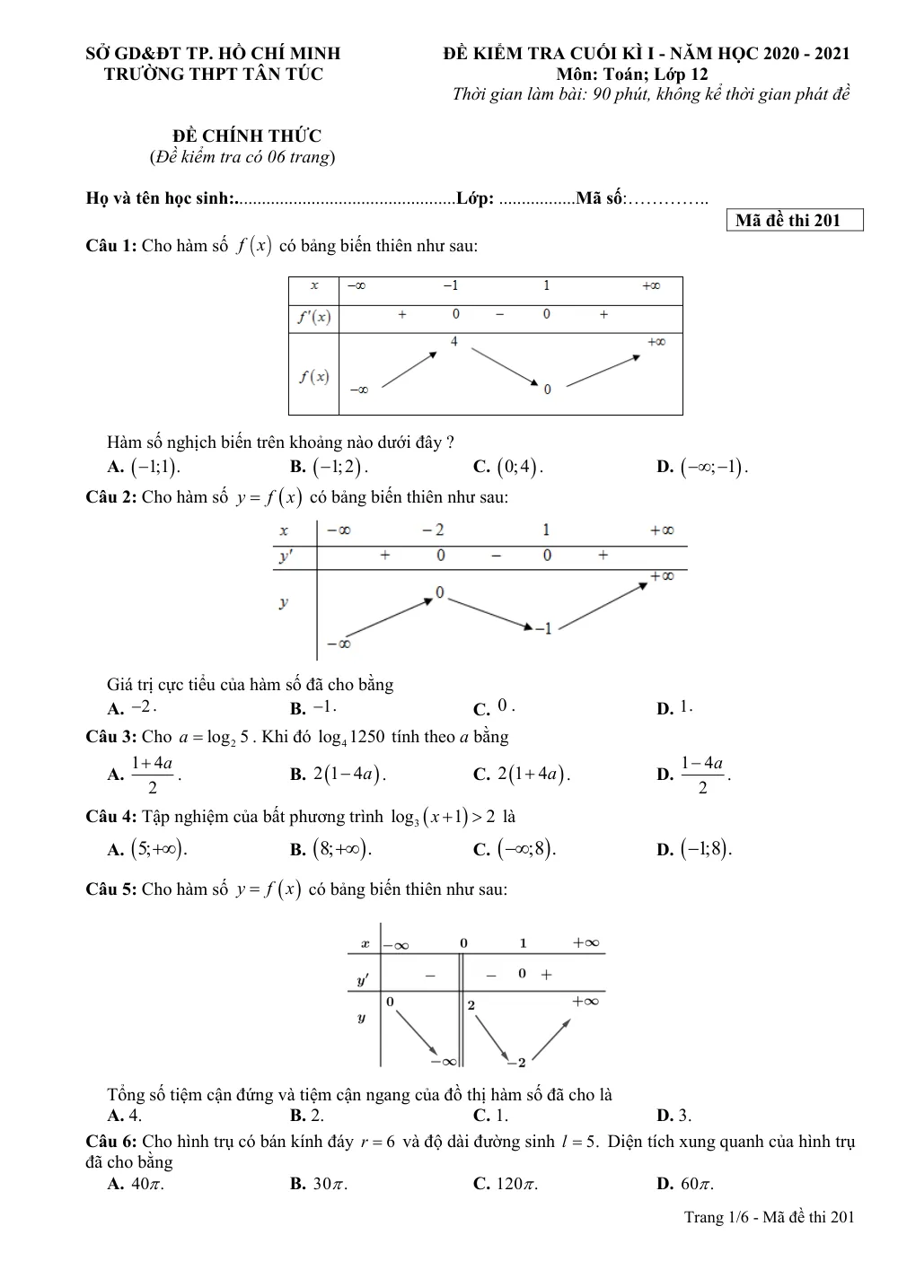 Xem trước trang 1 của "Đề Kiểm Tra Cuối Học Kỳ 1 Toán 12 Năm Học 2020-2021 - Trường THPT Tân Túc - TP. Hồ Chí Minh"