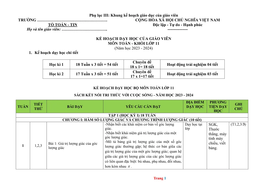 Xem trước trang 1 của "Kế hoạch dạy học môn Toán lớp 11 - Sách Kết nối tri thức với cuộc sống (Năm học 2023 - 2024)"