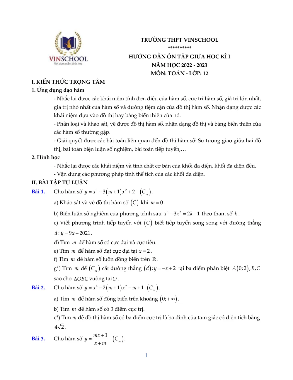 Xem trước trang 1 của "Hướng dẫn ôn tập giữa học kì 1 - Toán 12 - Năm học 2022-2023 - Trường Vinschool - Hà Nội"