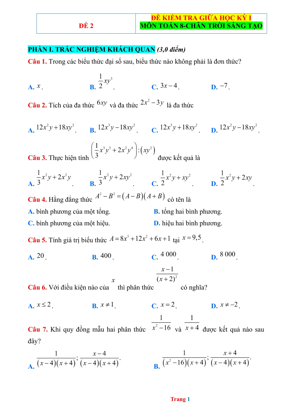 Xem trước trang 1 của "Đề kiểm tra giữa HK1 Toán 8 - Chân trời sáng tạo - Đề 2"