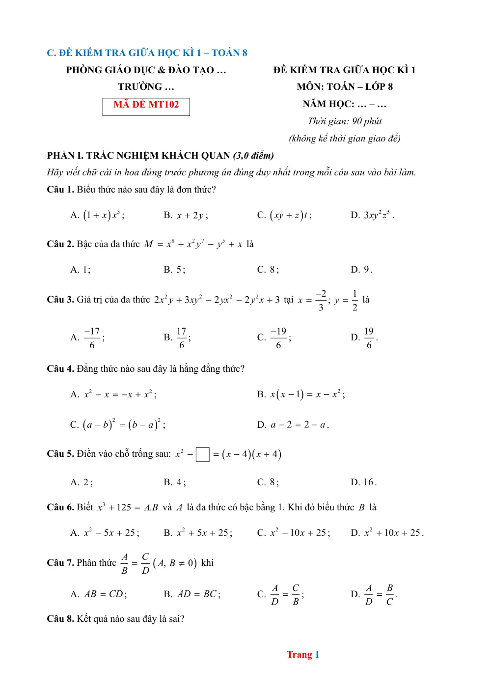 Xem trước trang 1 của "Đề Kiểm Tra Giữa Học Kỳ 1 - Toán 8 - Cánh Diều - Đề 2"