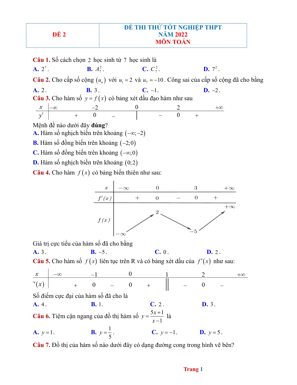 Xem trước trang 1 của "Đề thi thử Tốt nghiệp THPT 2022 môn Toán - Đề 2"