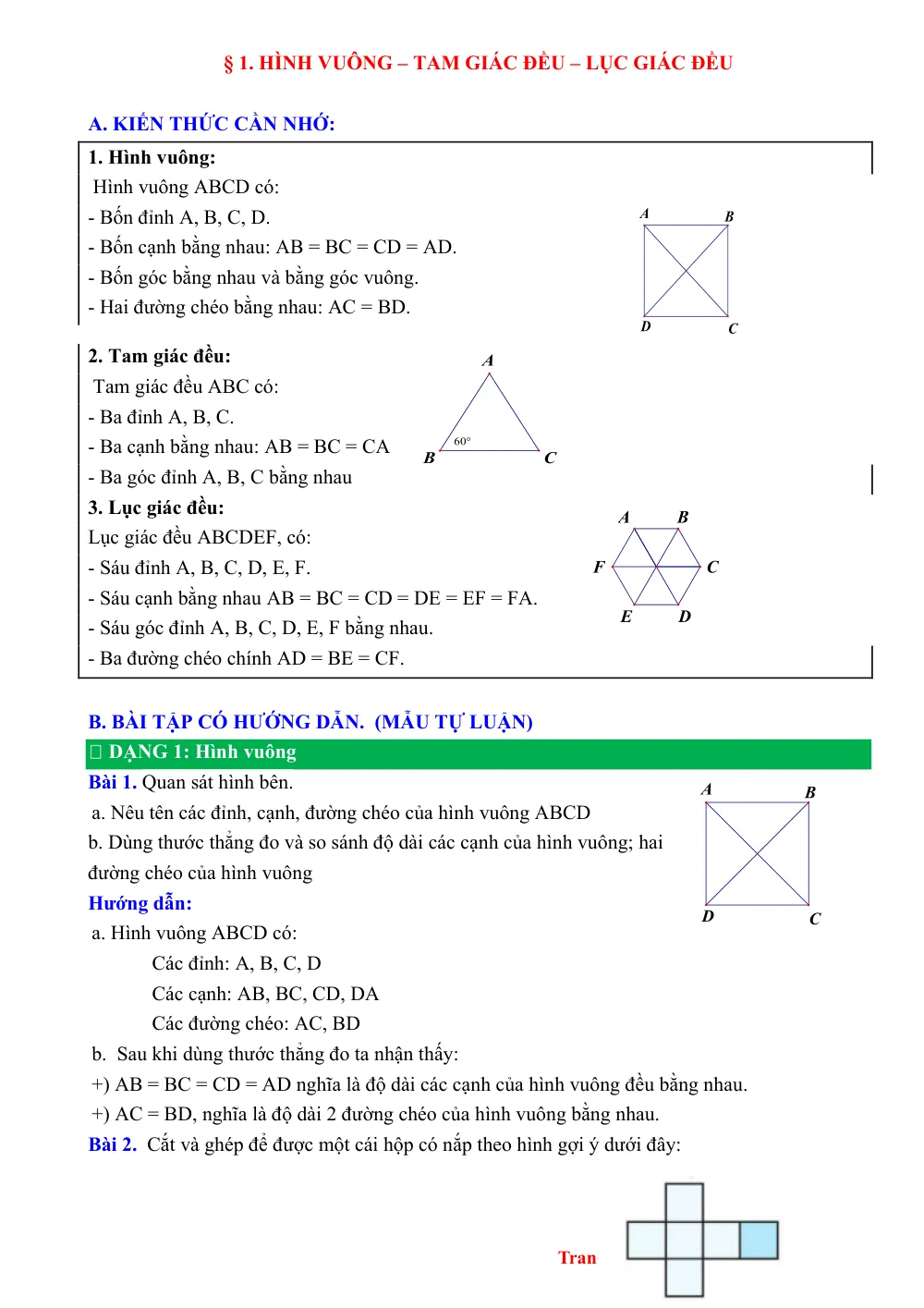 Xem trước trang 1 của "Bài tập Bài 1: Hình vuông, Tam giác đều, Lục giác đều - CTST"