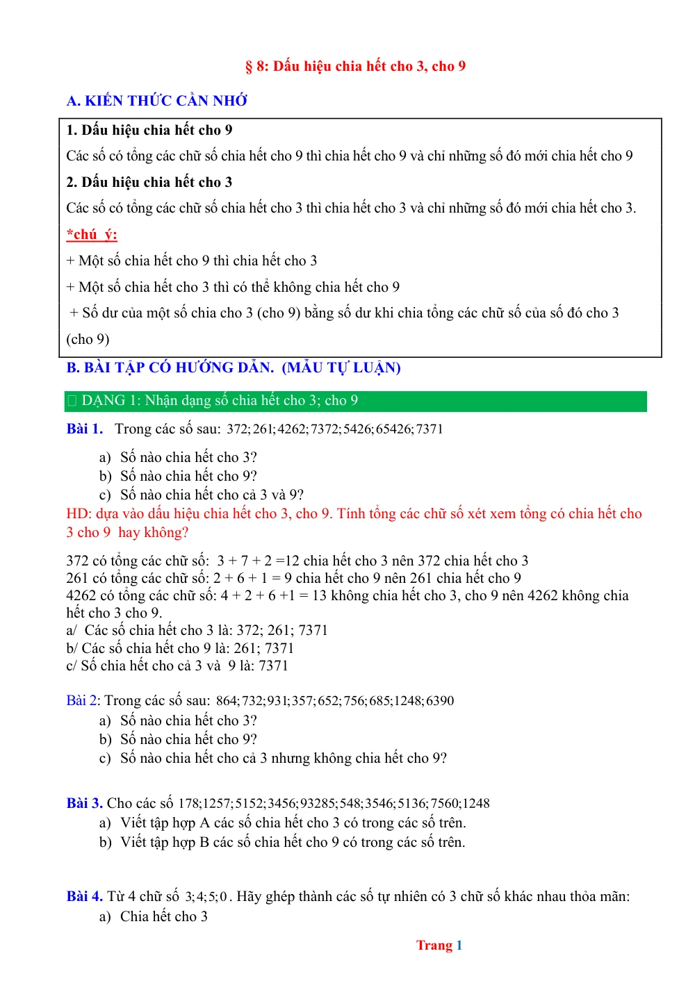 Xem trước trang 1 của "Bài tập: Dấu hiệu chia hết cho 3, cho 9"