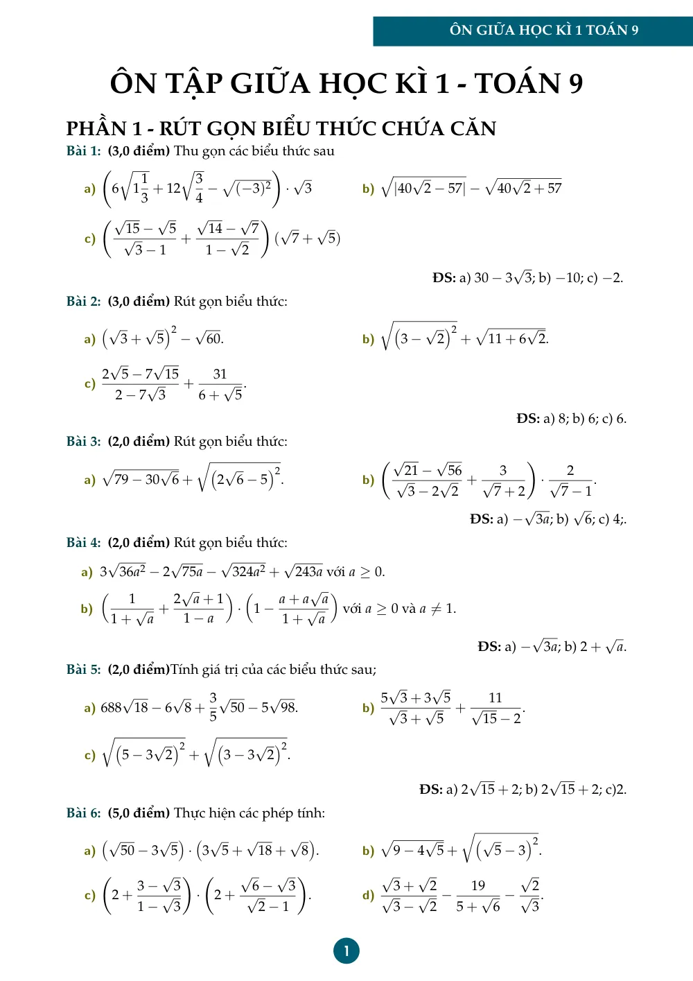 Xem trước trang 1 của "Đề Cương Ôn Tập Giữa Học Kỳ 1 - Toán 9"
