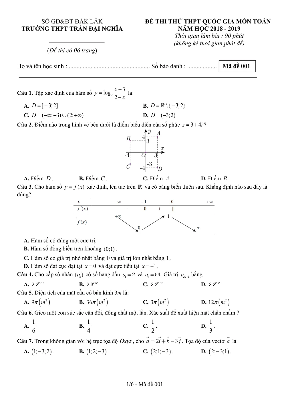 Xem trước trang 1 của "Đề Thi Thử Toán THPT Quốc Gia 2019 - Trường THPT Trần Đại Nghĩa - Đắk Lắk"
