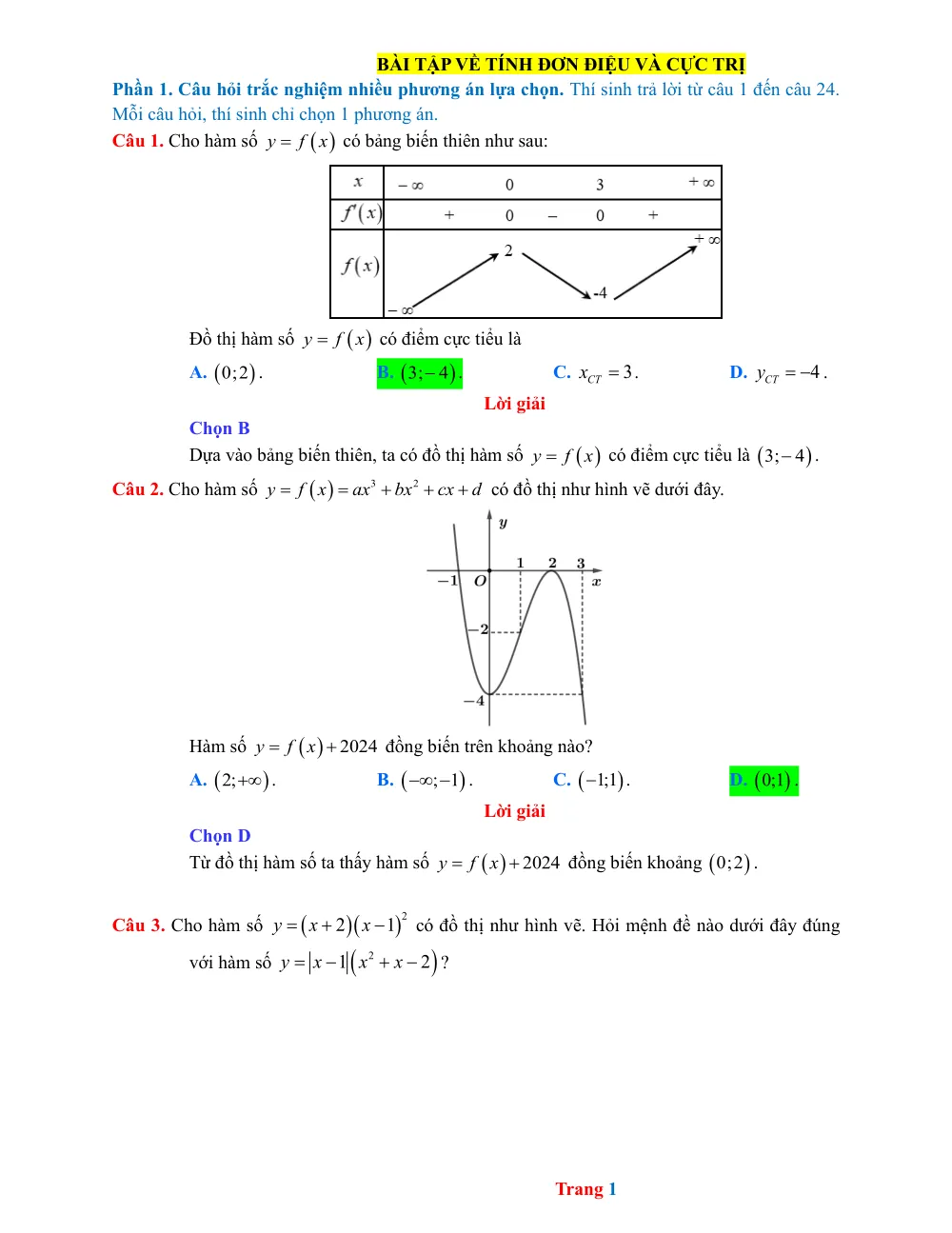 Xem trước trang 1 của "Bài tập về tính đơn điệu và cực trị - Phần 1"