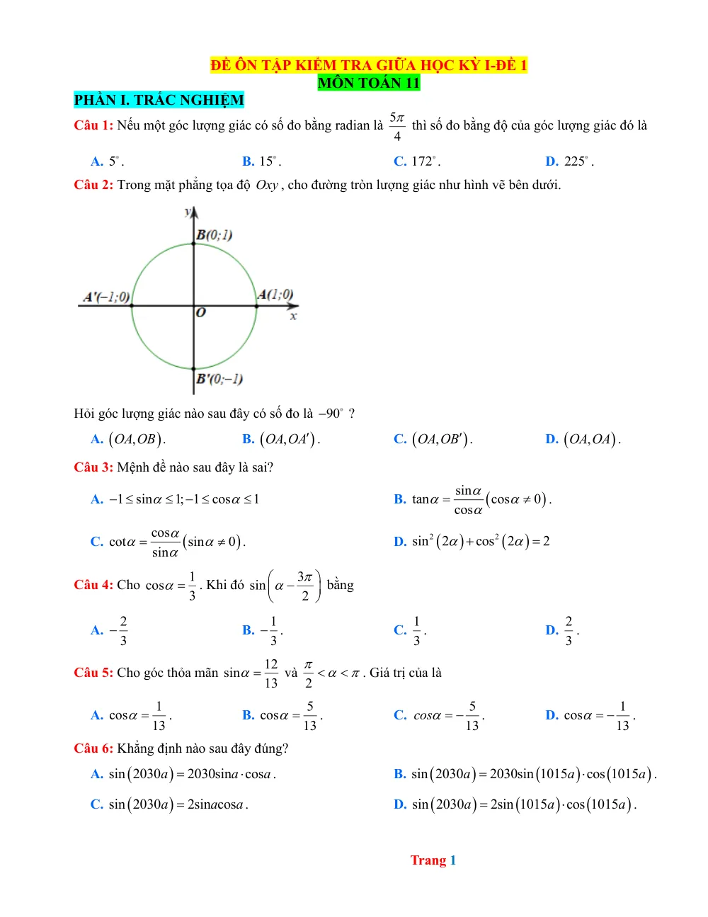 Xem trước trang 1 của "Đề Ôn Tập Kiểm Tra Giữa Học Kỳ I - Đề 1 - Toán 11 - Cánh Diều"