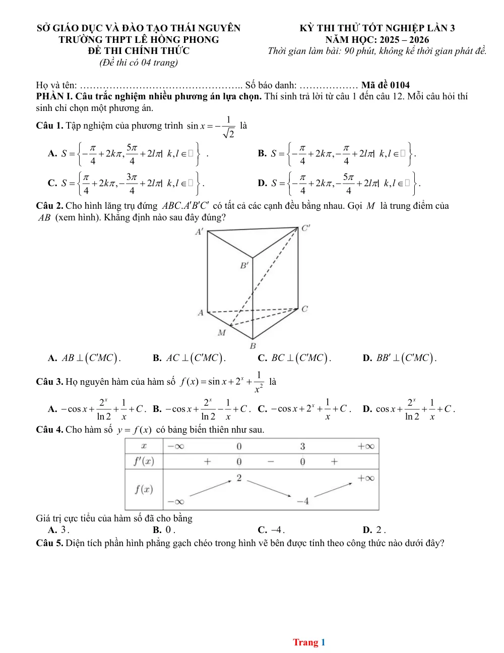 Xem trước trang 1 của "Đề thi thử Tốt nghiệp THPT - Lê Hồng Phong - Thái Nguyên Lần 3 Năm học 2025-2026"