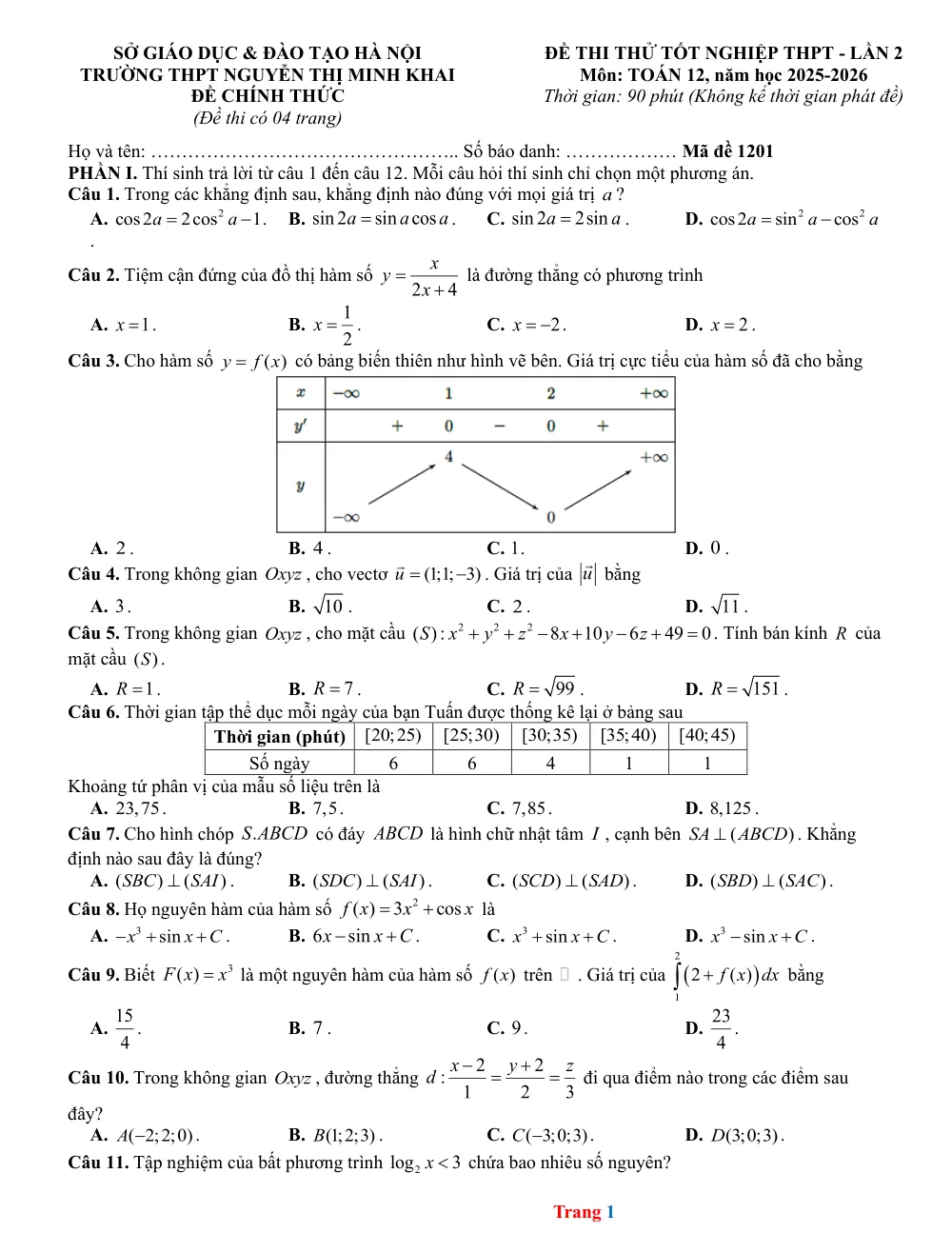 Xem trước trang 1 của "Đề thi thử Tốt nghiệp THPT 2026 - Toán 12 - Trường THPT Nguyễn Thị Minh Khai - Hà Nội (Lần 2)"