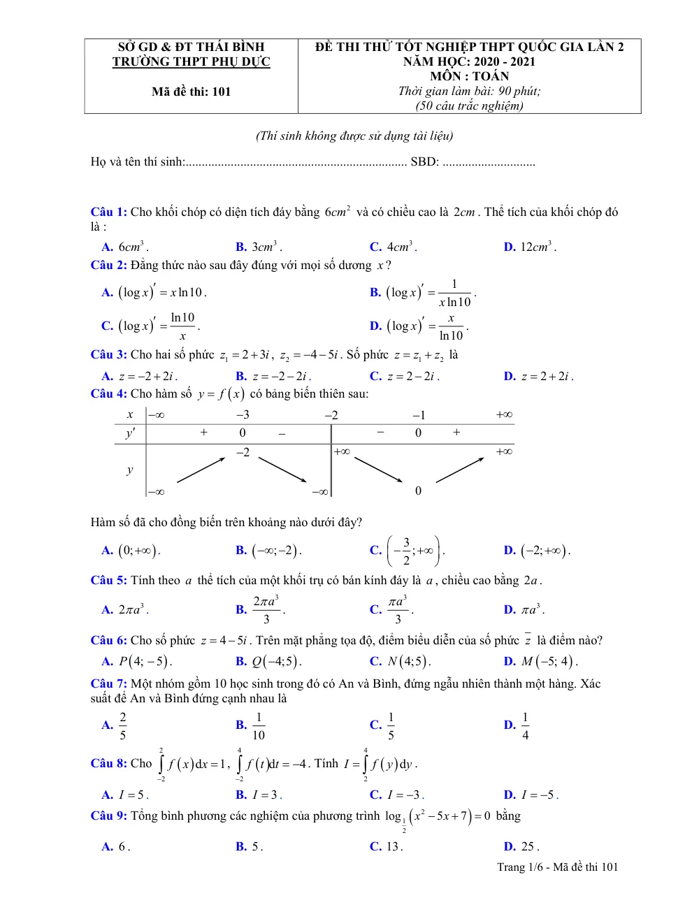 Xem trước trang 1 của "Đề Thi Thử Tốt Nghiệp THPT 2021 - Môn Toán Lần 2 - Trường THPT Phụ Dực - Thái Bình"