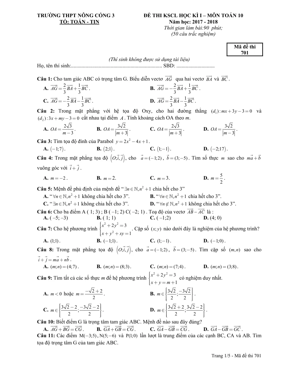 Xem trước trang 1 của "Đề thi Học kỳ 1 Toán 10 - Năm học 2017-2018 - Trường THPT Nông Công 3 - Thanh Hóa"