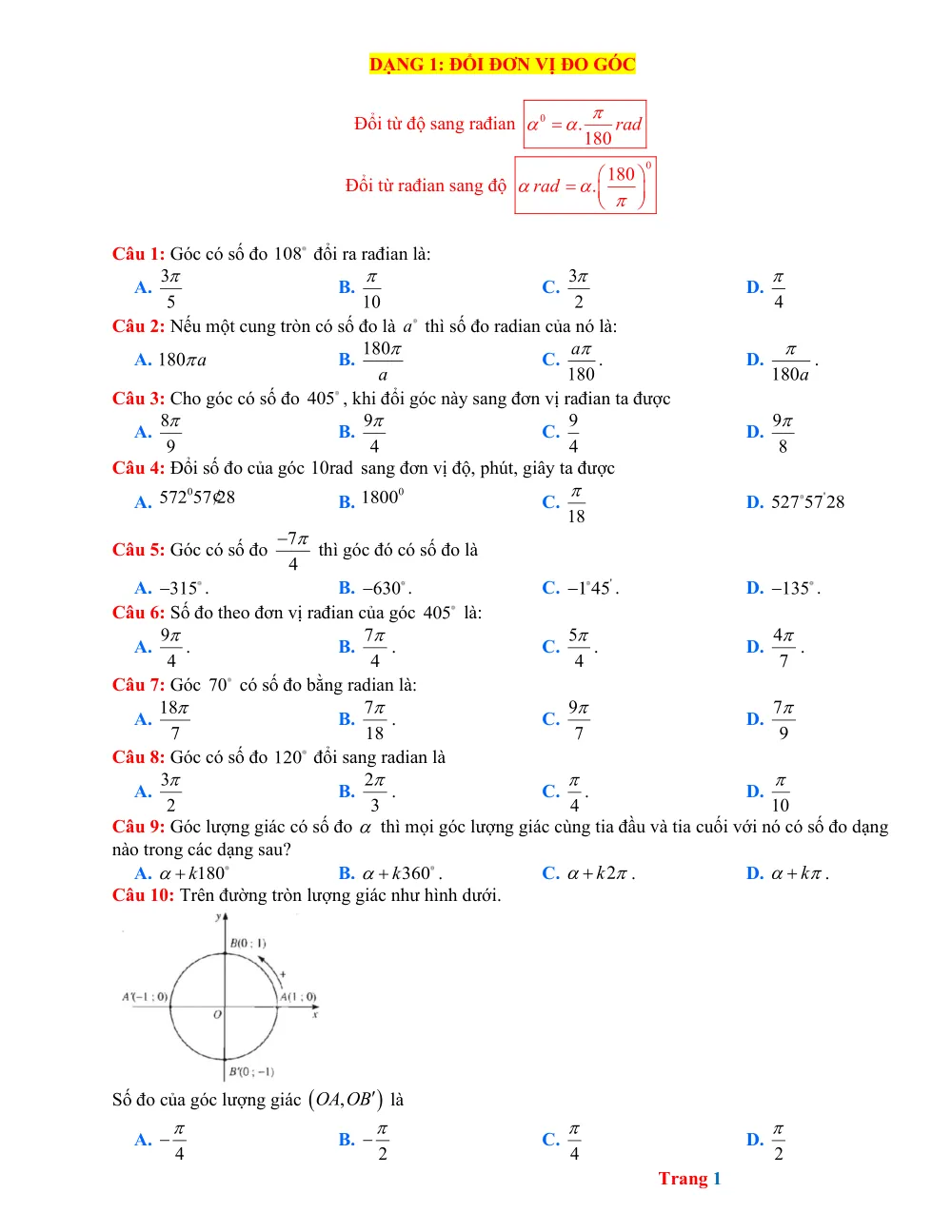 Xem trước trang 1 của "Toán 11 - Dạng 1: Đổi đơn vị đo góc"