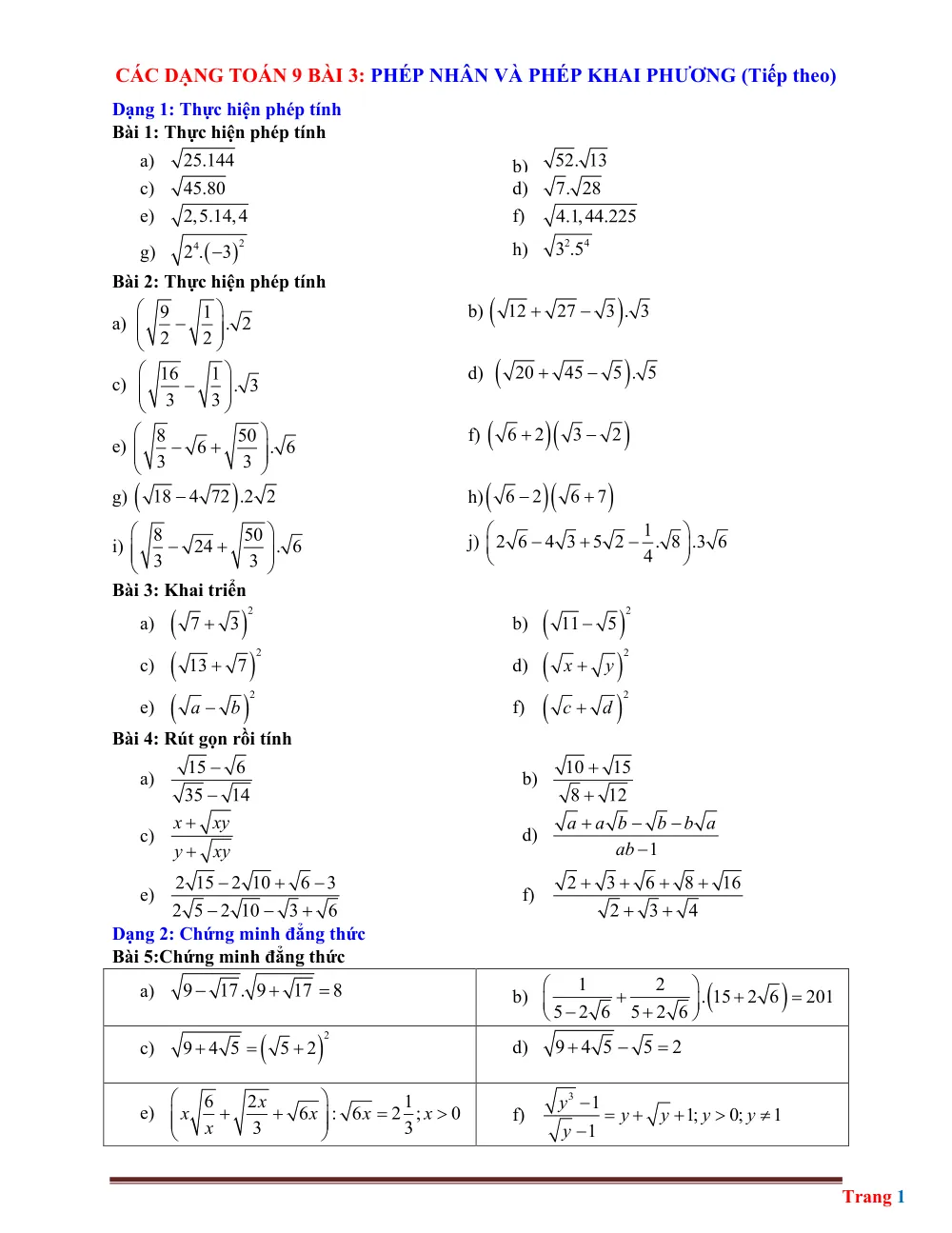 Xem trước trang 1 của "Các dạng Toán 9 Bài 3: Phép nhân và phép khai phương (Tiếp theo) - Hướng dẫn giải"