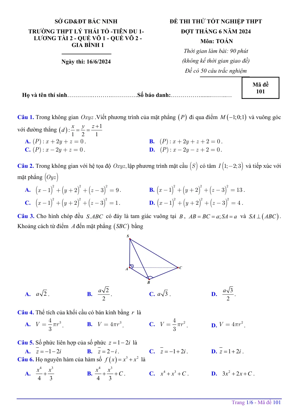 Xem trước trang 1 của "Đề Thi Thử Tốt Nghiệp THPT Môn Toán - Cụm Trường THPT Bắc Ninh Năm 2024"