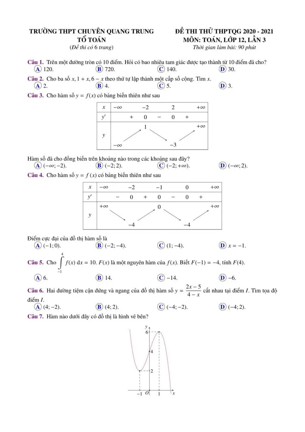 Xem trước trang 1 của "Đề Thi Thử Toán THPTQG 2021 Lần 3 - Trường Chuyên Quang Trung - Bình Phước"